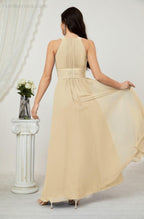 Vestido formal de fiesta Sunnderly de gasa con cuello halter, largo y sin mangas, para dama de honor SY2802 