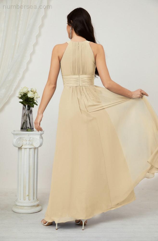 Vestido formal de fiesta Sunnderly de gasa con cuello halter, largo y sin mangas, para dama de honor SY2802 