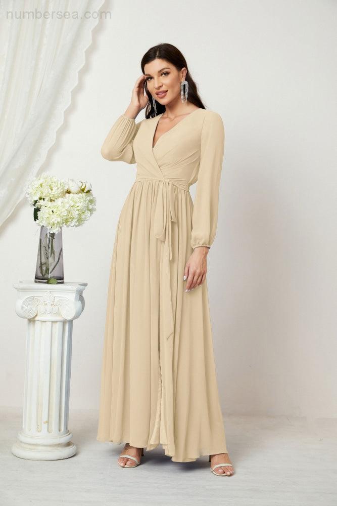 Vestidos de noche Sunnderly con escote en V profundo, gasa, para dama de honor, manga larga de obispo, abertura lateral, vestido formal SY2806 