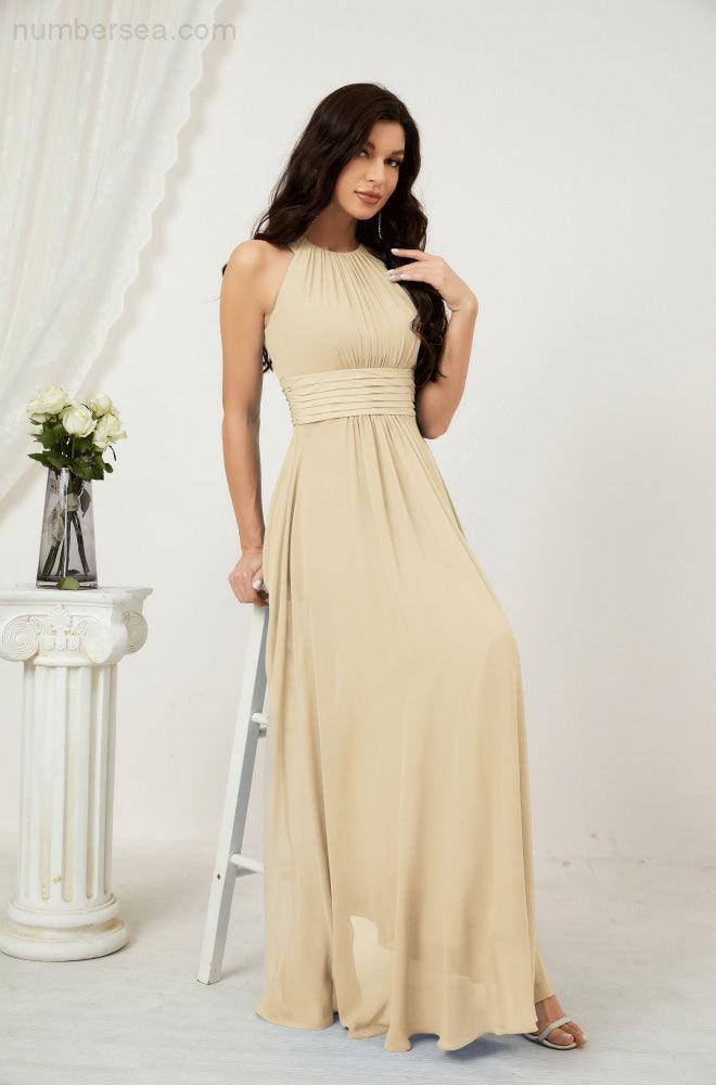 Vestido formal de fiesta Sunnderly de gasa con cuello halter, largo y sin mangas, para dama de honor SY2802 