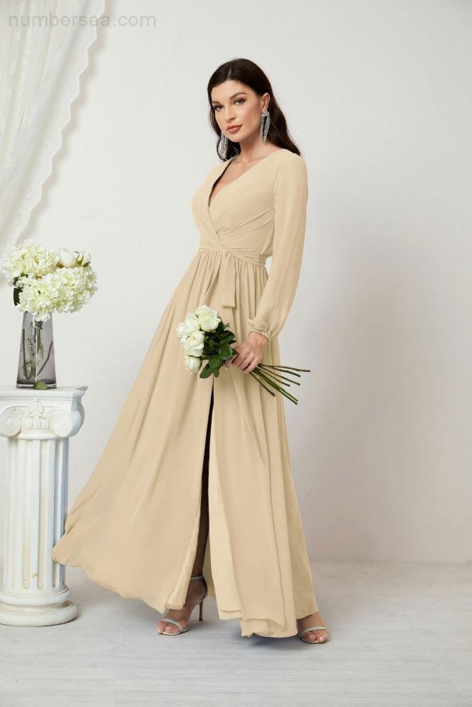 Vestidos de noche Sunnderly con escote en V profundo, gasa, para dama de honor, manga larga de obispo, abertura lateral, vestido formal SY2806 