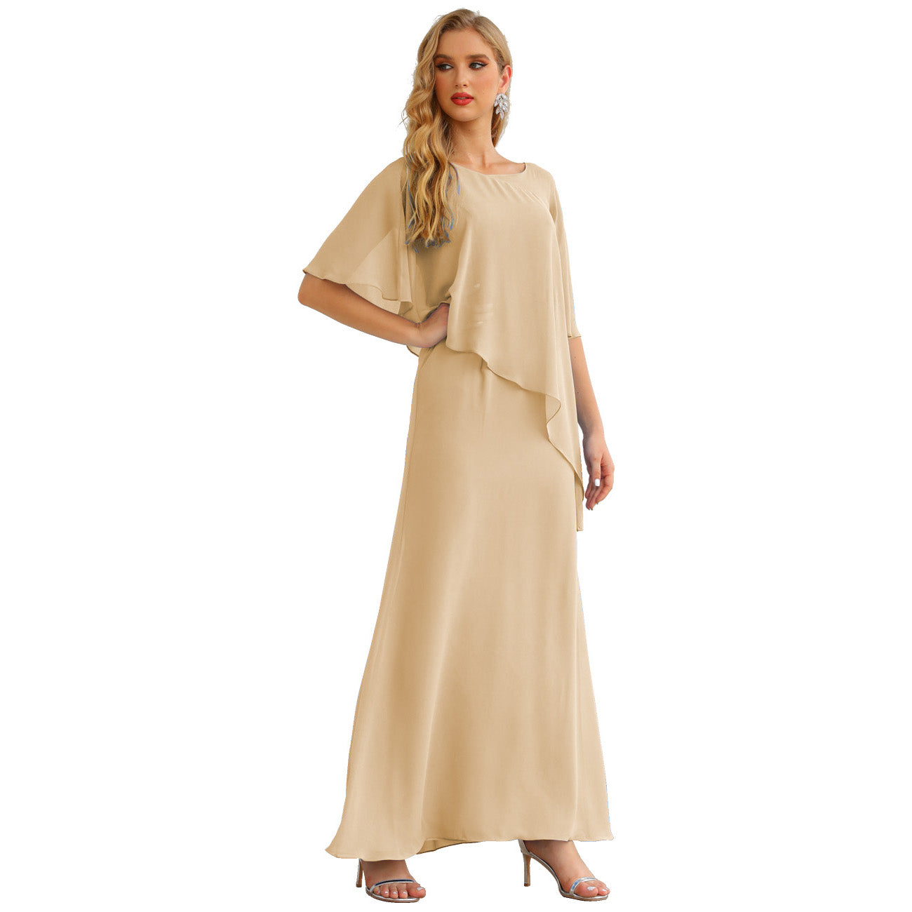 Sunnderly Chiffon Plus Size Mother of The Bride Dresses Formal Prom Gown Ruffle Cape