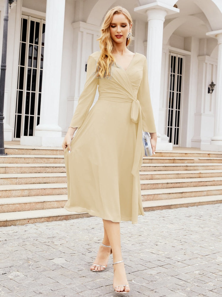 Vestido de dama de honor con escote en V y cinturón para madre de la novia, invitada de boda SY28031 