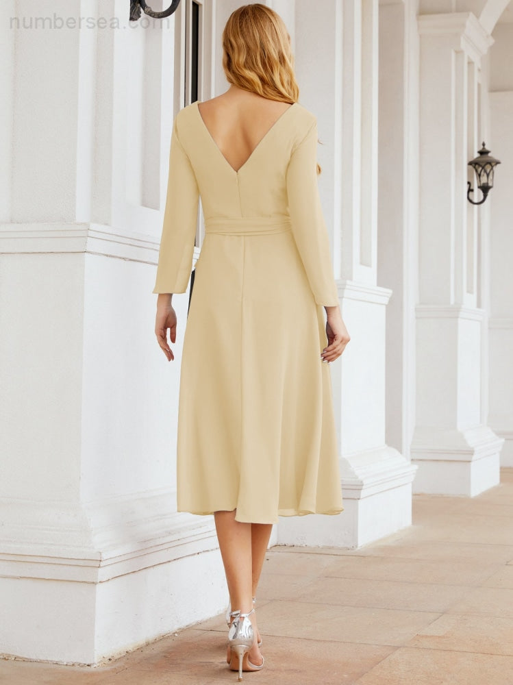 Vestido de dama de honor con escote en V y cinturón para madre de la novia, invitada de boda SY28031 