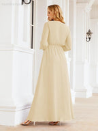 Sunnderly Women's Chiffon Bridesmaid Dress A line Long Sleeves Formal Evening Prom Gown for Wedding Guest SY28032