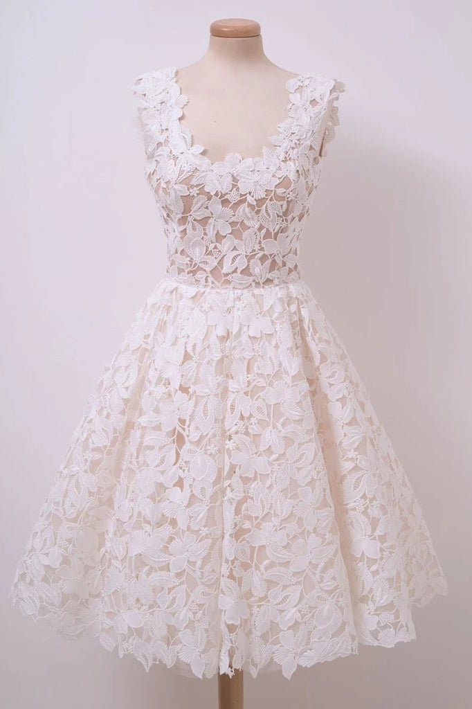 Elegantes vestidos de fiesta cortos de encaje con corte en A