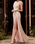 Feather Red High Waist Prom Dress