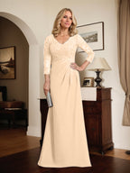Vestido de madre de la novia de gasa con encaje, escote en V, ilusión, largo hasta el suelo, con lentejuelas plisadas