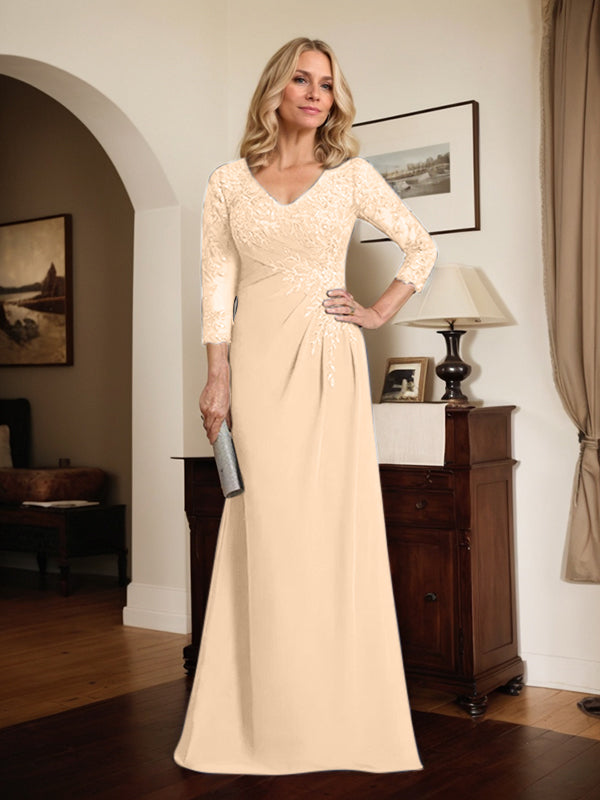 Vestido de madre de la novia de gasa con encaje, escote en V, ilusión, largo hasta el suelo, con lentejuelas plisadas