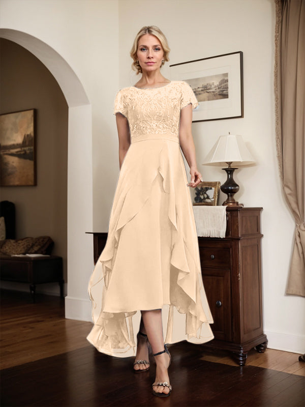 Vestido de madre de la novia de gasa asimétrica con escote en A, ilusión, encaje, lazo, volante y lentejuelas