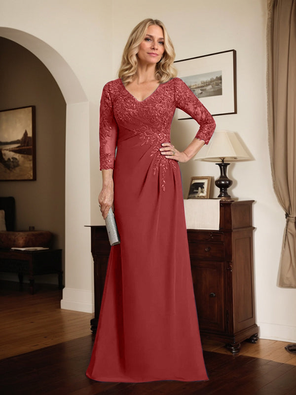 Vestido de madre de la novia de gasa con encaje, escote en V, ilusión, largo hasta el suelo, con lentejuelas plisadas