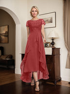 Vestido de madre de la novia de gasa asimétrica con escote en A, ilusión, encaje, lazo, volante y lentejuelas