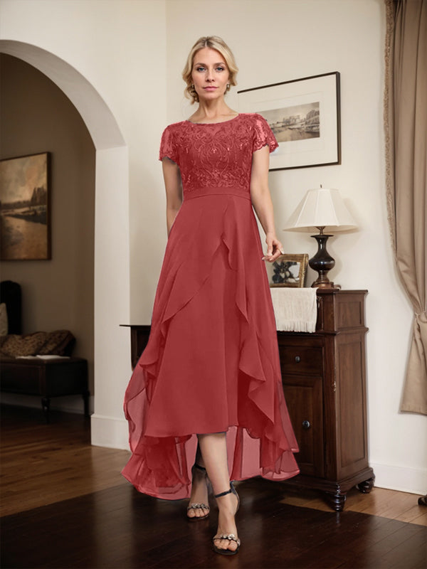 Vestido de madre de la novia de gasa asimétrica con escote en A, ilusión, encaje, lazo, volante y lentejuelas