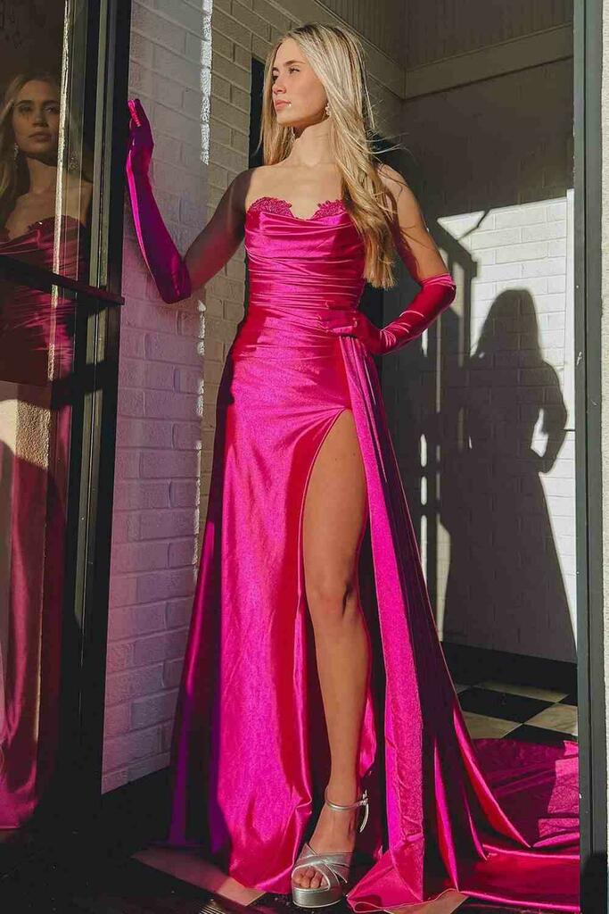 Vida | Vestido de fiesta de satén sin tirantes estilo sirena con abertura