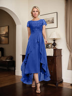Vestido de madre de la novia de gasa asimétrica con escote en A, ilusión, encaje, lazo, volante y lentejuelas