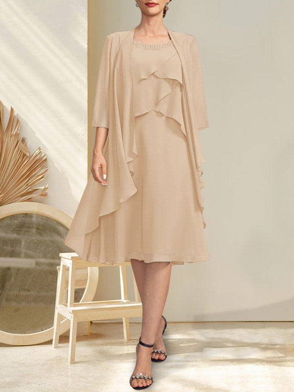 Vestido de gasa para madre de la novia con escote en A y escote redondo hasta la rodilla con cuentas