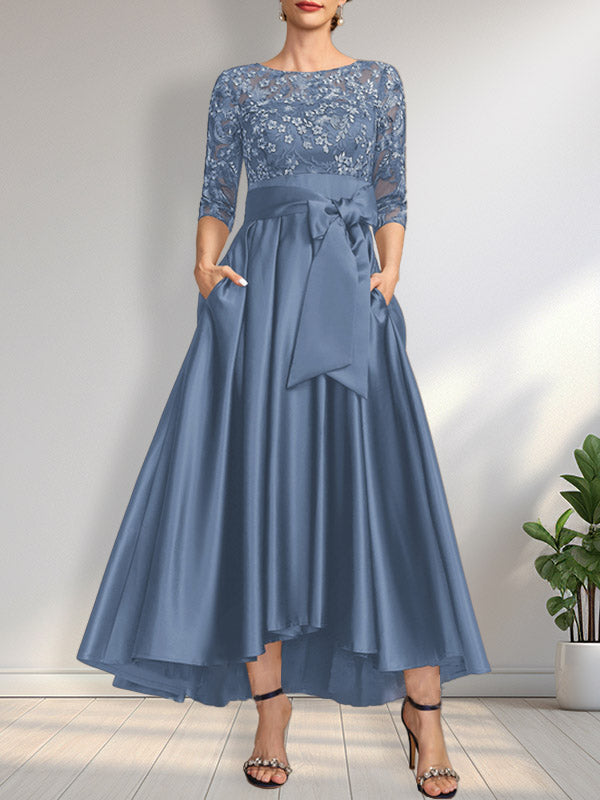 A-line Scoop Illusion Asymmetrical Satin Lace Mother of the Bride Dress With Bow