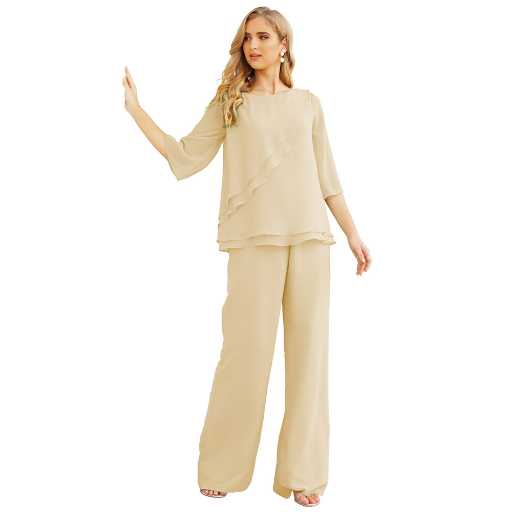 Sunnderly Chiffon Mother of The Bride Dress Plus Size Pant Suits Ruffle Layers