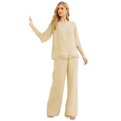 Sunnderly Chiffon Mother of The Bride Dress Plus Size Pant Suits Ruffle Layers