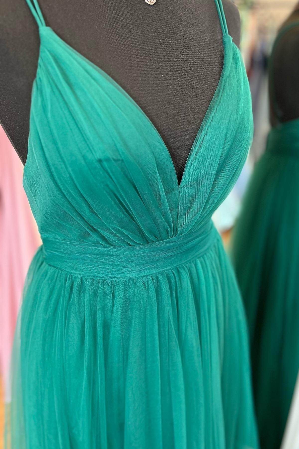 Ada | Hunter Green A-line Plunging V Neck Double Straps Pleated Long Prom Dress