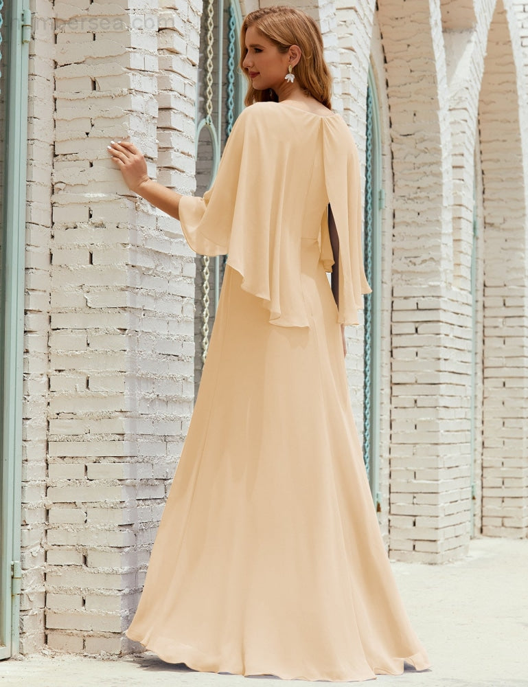 Vestido de dama de honor Sunnderly para mujer, de gasa, manga larga y cuello en V, vestido formal para boda o fiesta SY28018 