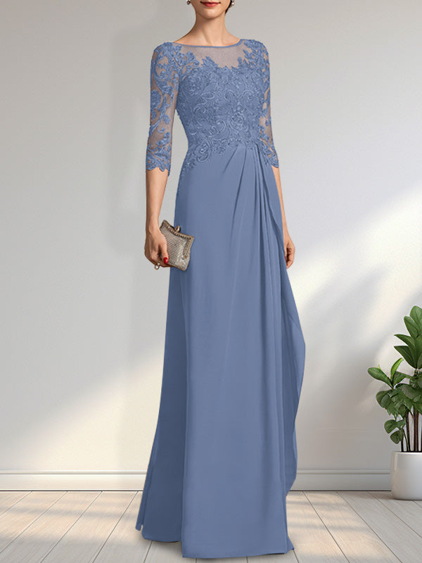 Vestido de gasa para madre de la novia con encaje, corte A, escote redondo, ilusión, largo hasta el suelo, con lentejuelas y abalorios y volantes en cascada