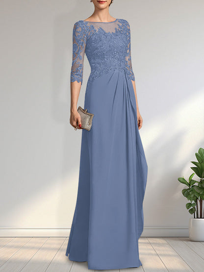 Vestido de gasa para madre de la novia con encaje, corte A, escote redondo, ilusión, largo hasta el suelo, con lentejuelas y abalorios y volantes en cascada