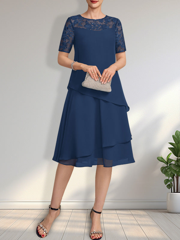 Vestido de gasa con encaje y lentejuelas para madre de la novia, corte A, escote ilusión, largo hasta la rodilla