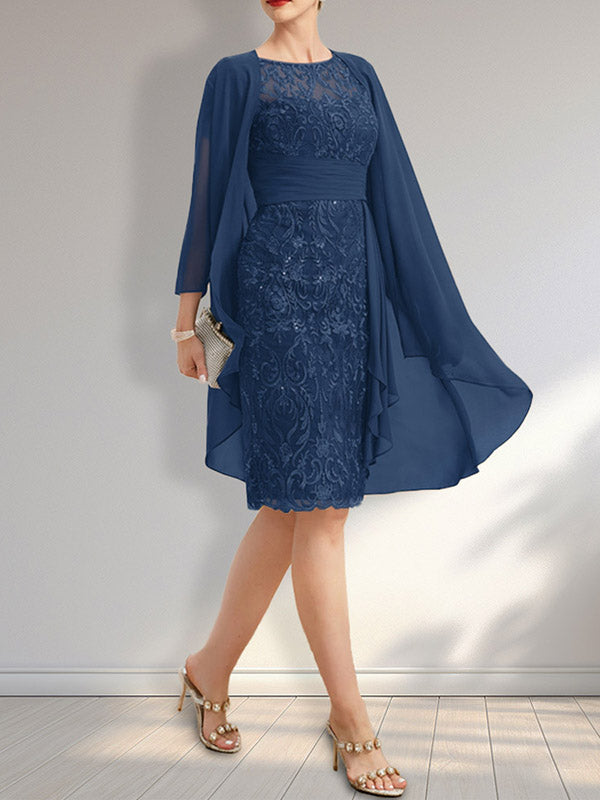 Vestido de madre de la novia de gasa con encaje, escote redondo, ilusión, largo hasta la rodilla, con volantes en cascada y lentejuelas