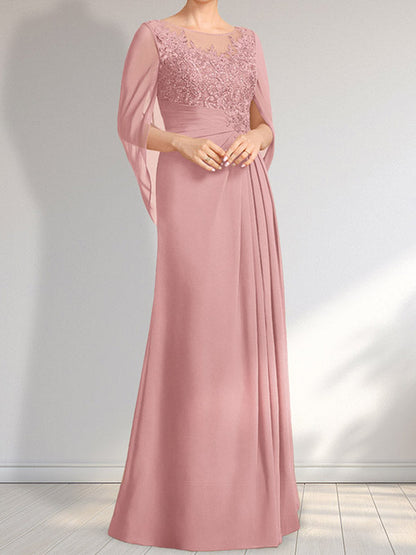 Vestido de gasa con encaje, ilusión, corte A, largo hasta el suelo, para madre de la novia con lentejuelas plisadas