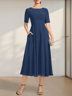 Vestido de gasa para madre de la novia, corte A, escote redondo, largo hasta la rodilla, con apliques de encaje y lentejuelas