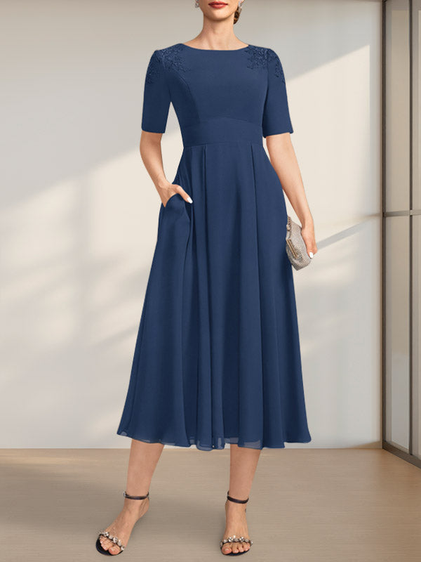 Vestido de gasa para madre de la novia, corte A, escote redondo, largo hasta la rodilla, con apliques de encaje y lentejuelas