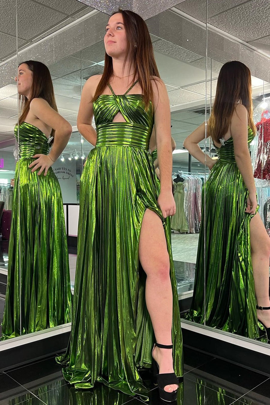 Madalyn| Metallic Keyhole Spaghetti Strap Long Prom Dress with Slit