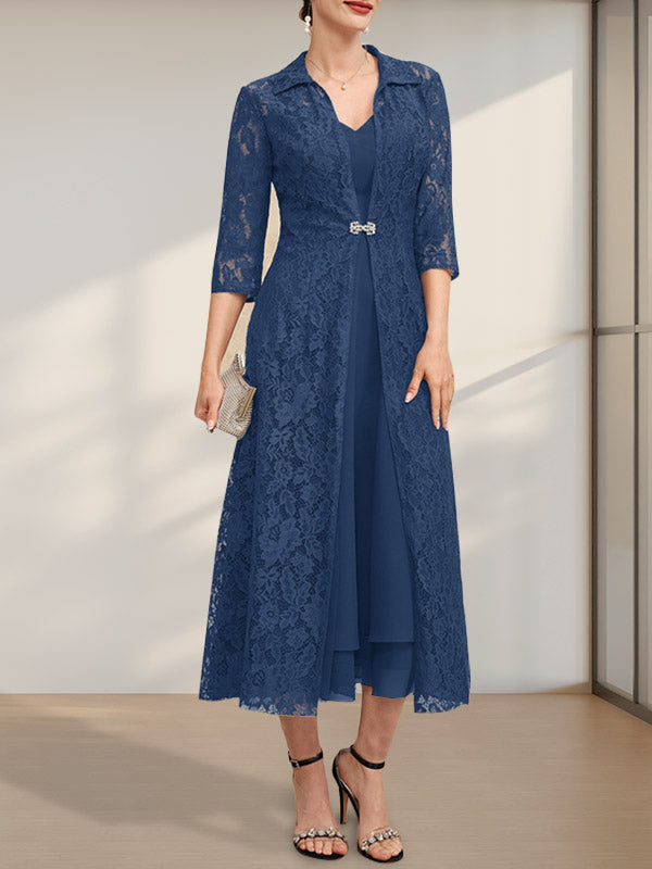A-Linie V-Ausschnitt Wadenlanges Chiffonkleid für die Brautmutter