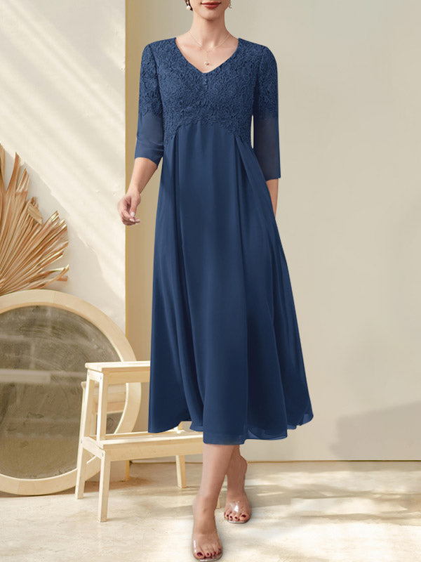 Vestido de gasa con encaje y escote en V, largo hasta la rodilla, para madre de la novia con cuentas