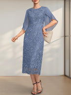Vestido para madre de la novia de gasa con encaje, corte tubo, escote redondo y largo hasta la rodilla