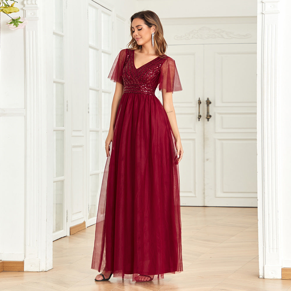V Neck Wine Red Elegant Evening Dress Women A Line Back Zipper Mesh Stitching Sequined Short Sleeve Wedding Dress