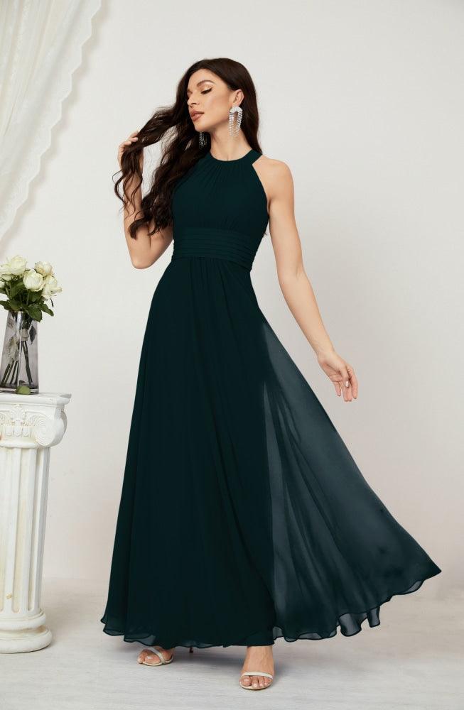 Vestido formal de fiesta Sunnderly de gasa con cuello halter, largo y sin mangas, para dama de honor SY2802 
