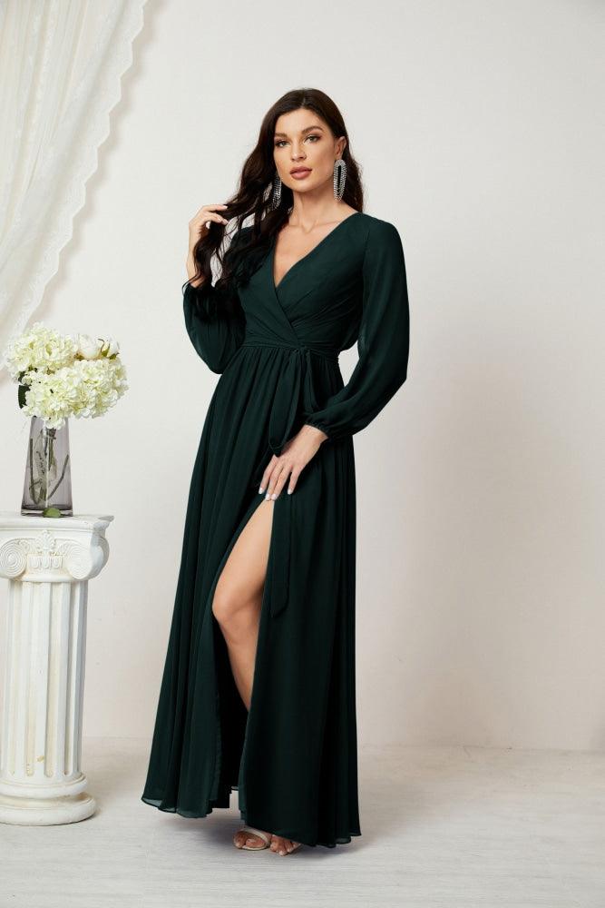 Vestidos de noche Sunnderly con escote en V profundo, gasa, para dama de honor, manga larga de obispo, abertura lateral, vestido formal SY2806 