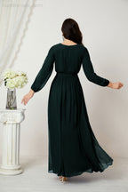 Vestidos de noche Sunnderly con escote en V profundo, gasa, para dama de honor, manga larga de obispo, abertura lateral, vestido formal SY2806 