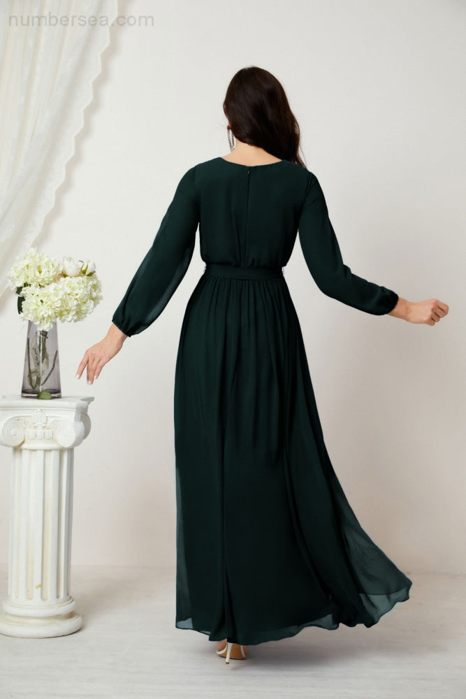 Vestidos de noche Sunnderly con escote en V profundo, gasa, para dama de honor, manga larga de obispo, abertura lateral, vestido formal SY2806 