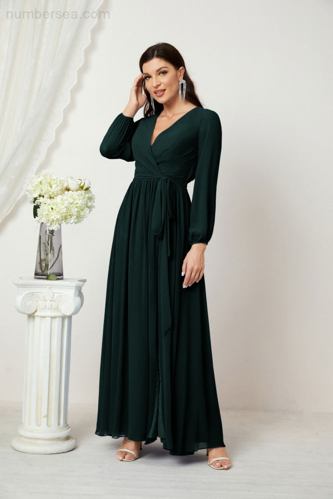 Vestidos de noche Sunnderly con escote en V profundo, gasa, para dama de honor, manga larga de obispo, abertura lateral, vestido formal SY2806 