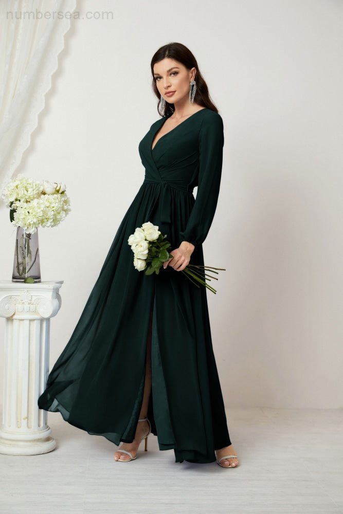 Vestidos de noche Sunnderly con escote en V profundo, gasa, para dama de honor, manga larga de obispo, abertura lateral, vestido formal SY2806 