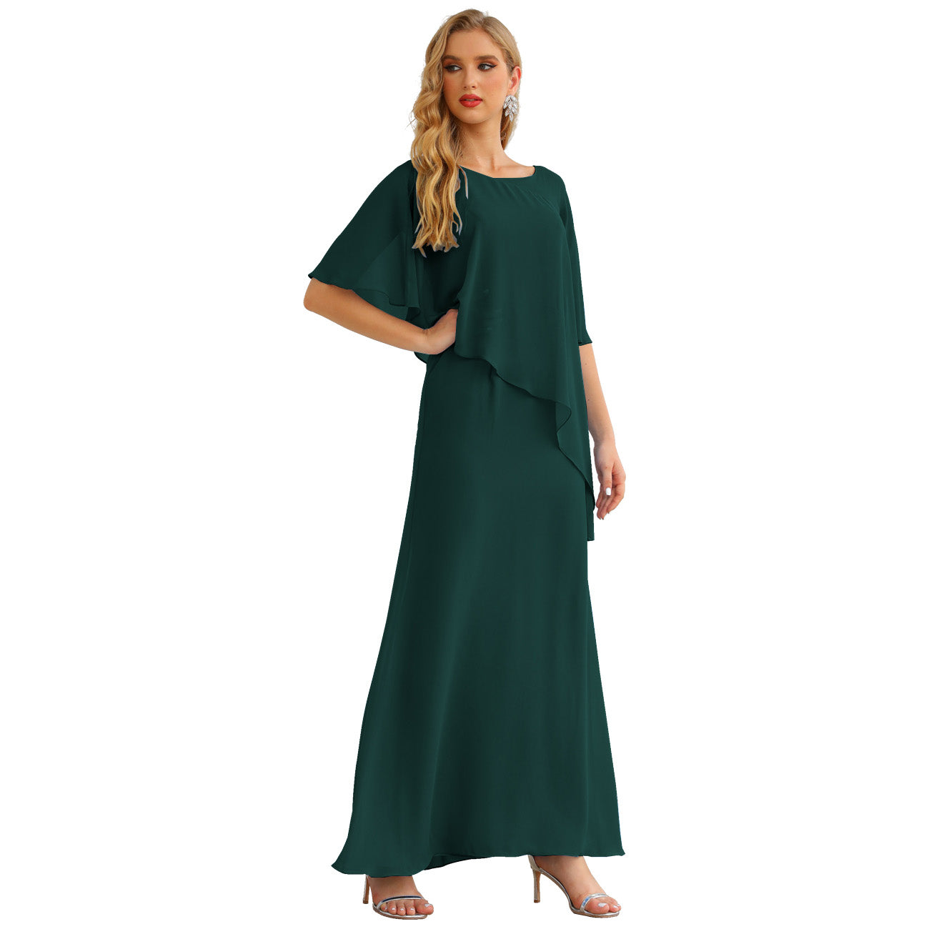 Sunnderly Chiffon Plus Size Mother of The Bride Dresses Formal Prom Gown Ruffle Cape