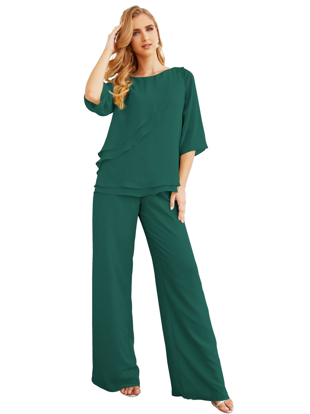 Elegante vestido de dos piezas para madre de la novia, talla grande, pantalón, capas con volantes, bata plateada SY28064 