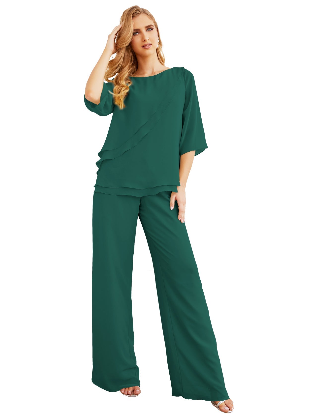 Sunnderly Elegant 2 Piece Mother of The Bride Dress Plus Size Pant Suits Ruffle Layers Sliver Housecoat SY28064