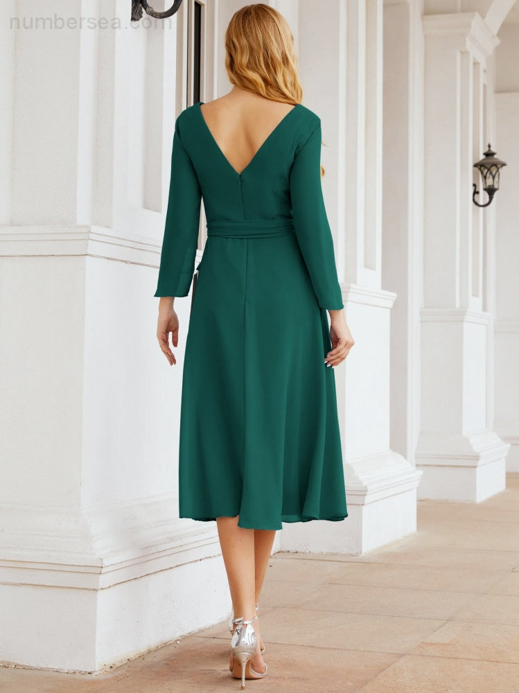 Vestido de dama de honor con escote en V y cinturón para madre de la novia, invitada de boda SY28031 