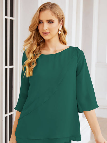 Sunnderly Elegant 2 Piece Mother of The Bride Dress Plus Size Pant Suits Ruffle Layers Sliver Housecoat SY28064