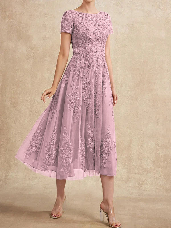 Vestido de madre de la novia de tul con encaje y corte en A, largo hasta la rodilla