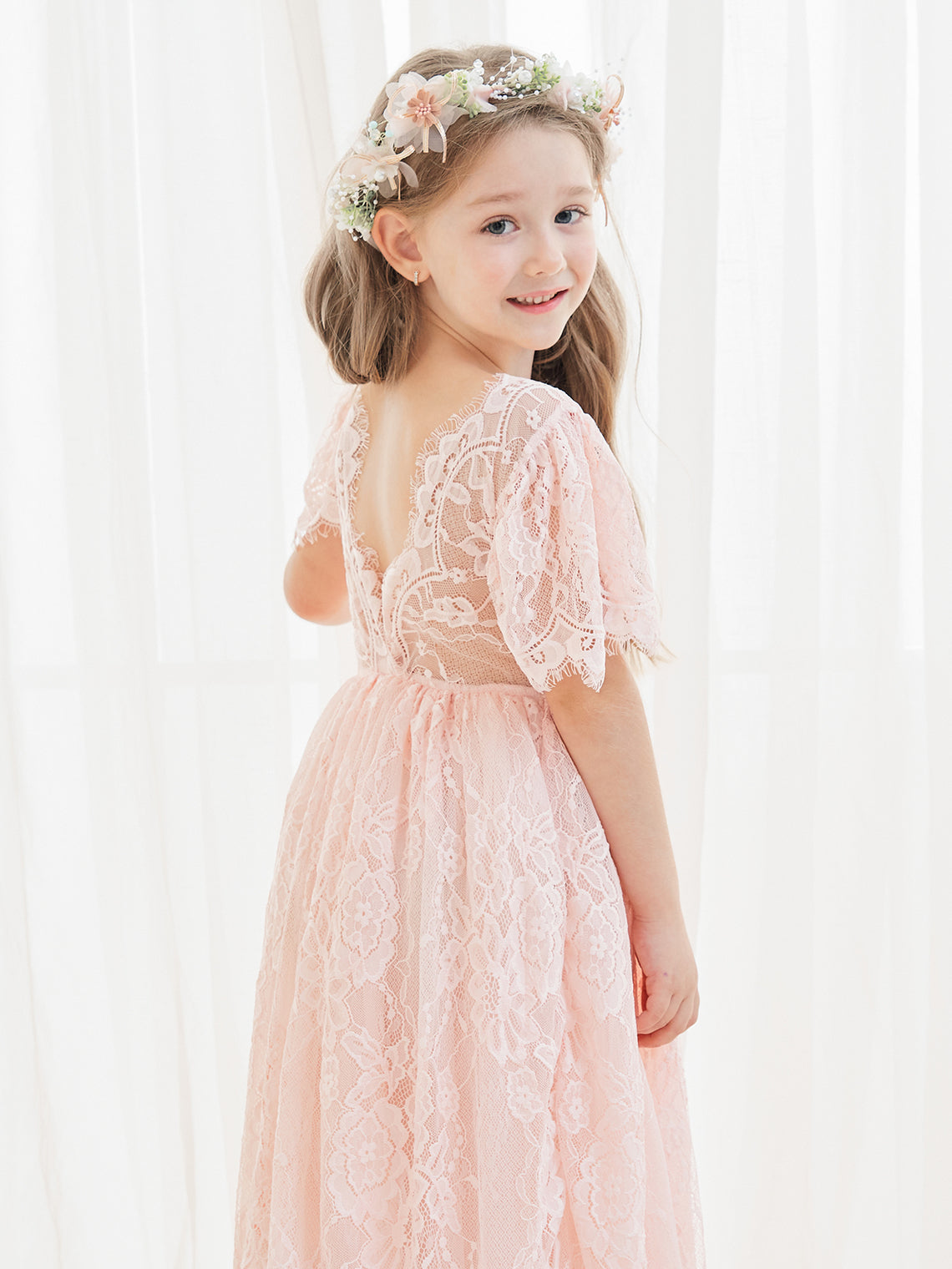 A-Linien-Spitze Knöchellanges Elfenbein Boho Blumenmädchenkleid 